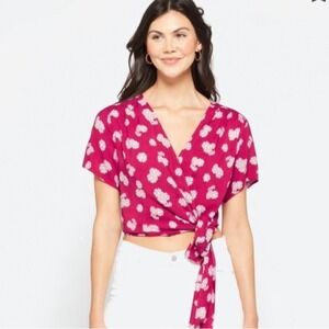 Lush Womens Berry Cream Daisy Wrap Crop Top Short Sleeve Tie Front Boho Medium